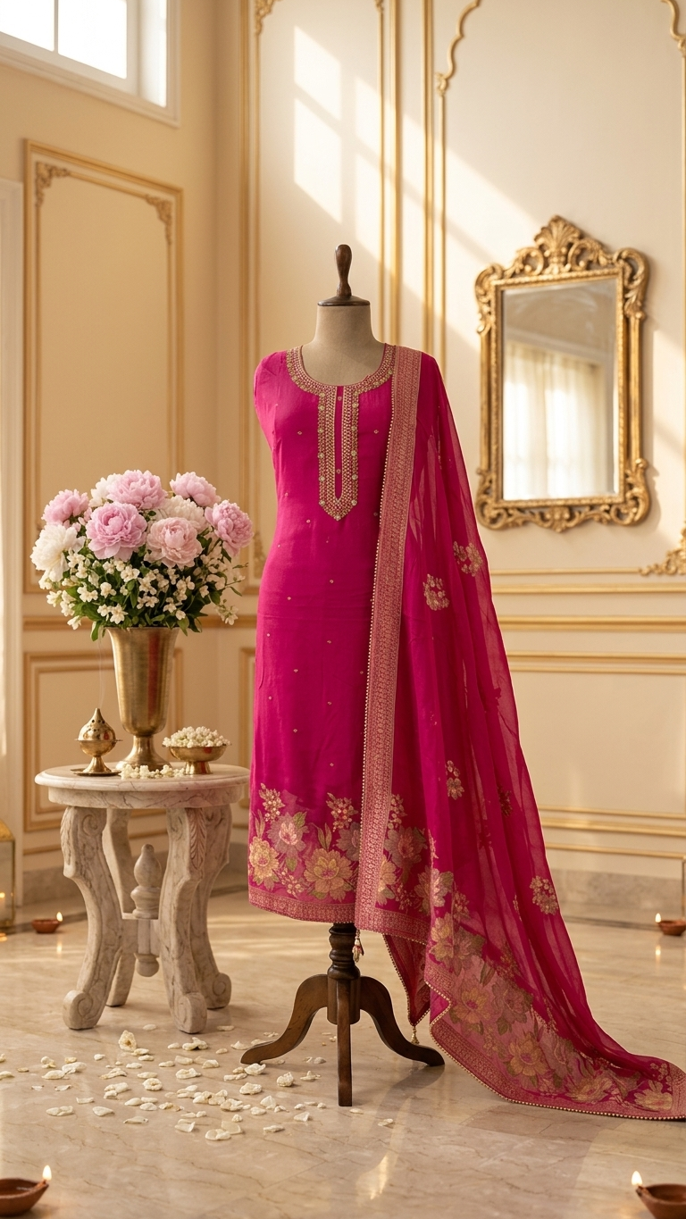 Rani pink embroidered suit set with Floral Dupatta for Women