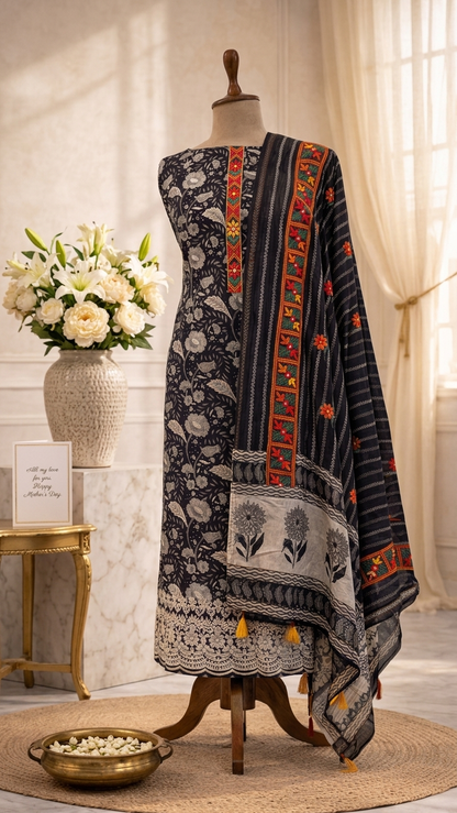 Black floral printed suit set with Multicolor Embroidered Neckline