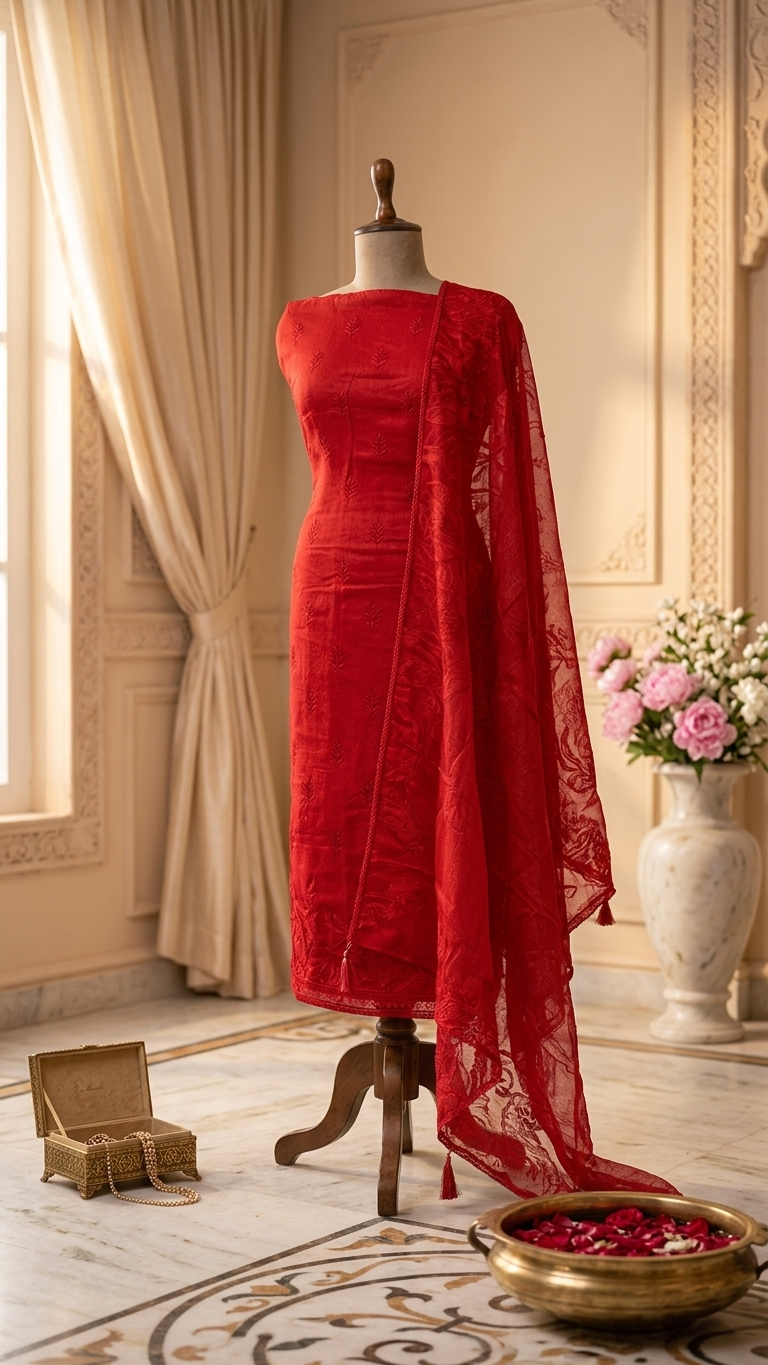 Vermilion red embroidered suit set with Peacock Motif & Dupatta