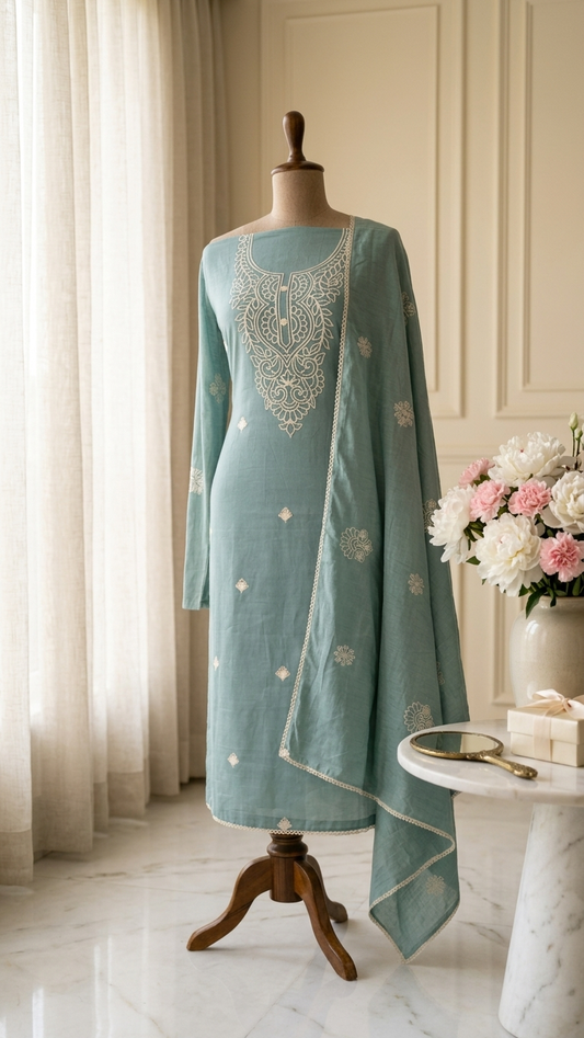 Mint green embroidered cotton suit set with Dupatta for Women