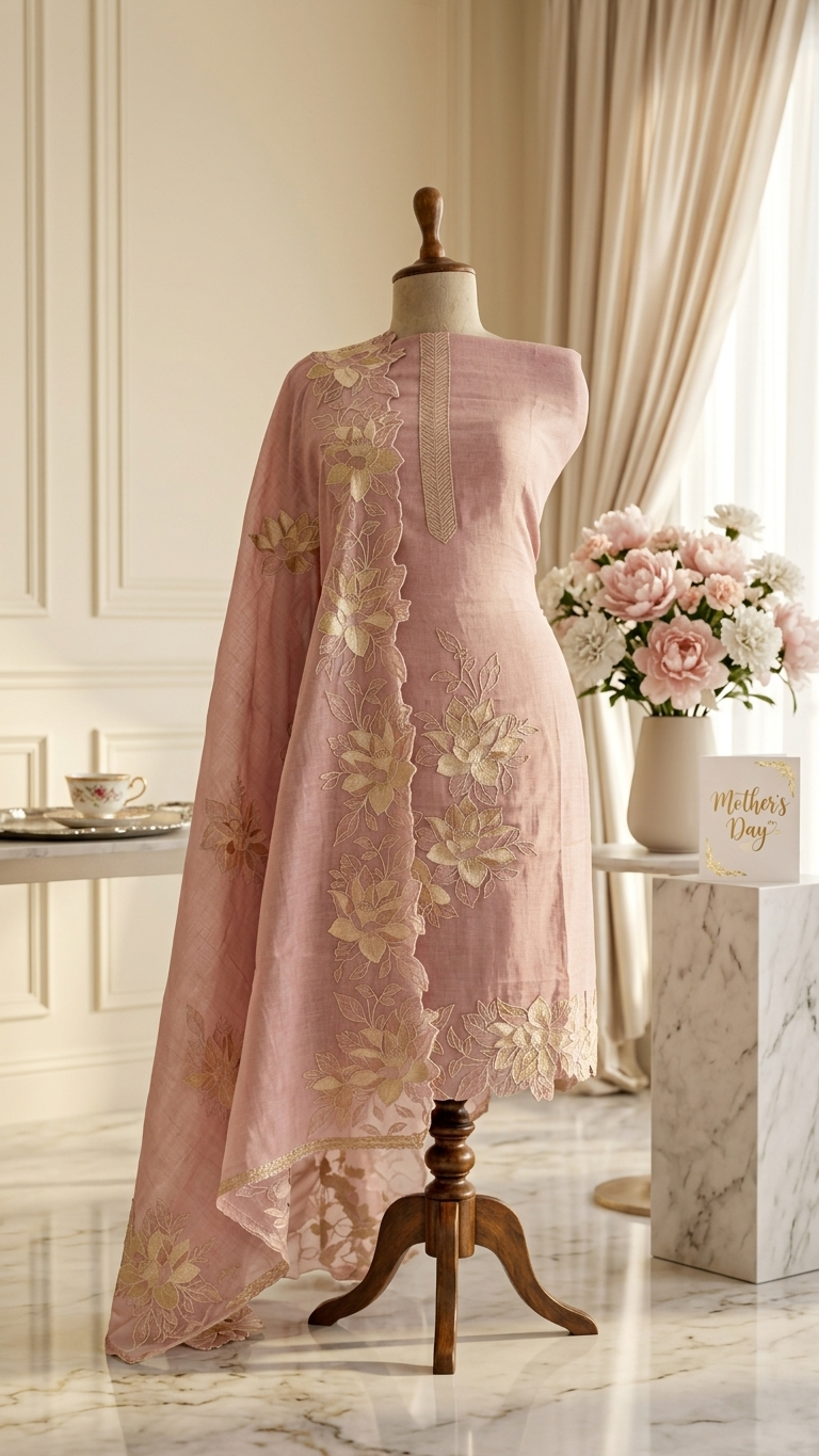 Dusty Rose Floral Embroidered Suit Set with Dupatta