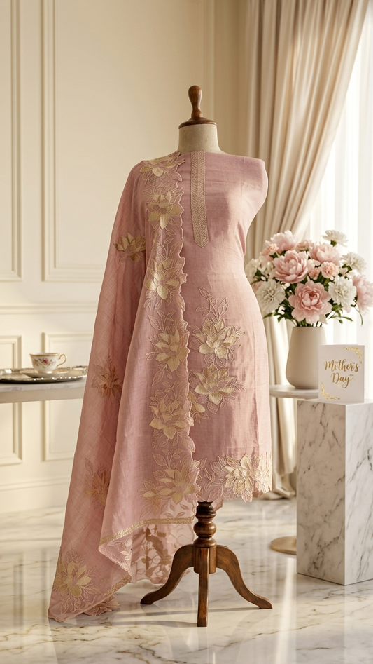 Dusty Rose Floral Embroidered Suit Set with Dupatta