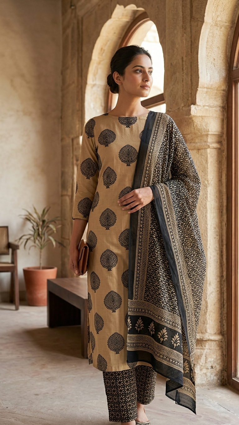 Women's Unstitched Cotton Blend Suit Set with Printed Dupatta | Premium Ethnic Dress Material