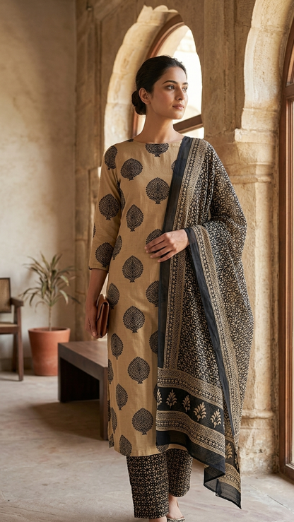 Women's Unstitched Cotton Blend Suit Set with Printed Dupatta | Premium Ethnic Dress Material