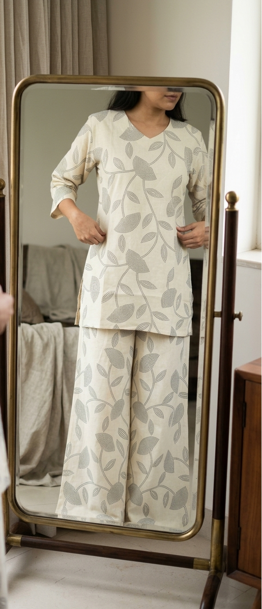 Women's Cotton Blend Co-Ord Set with Beige Botanical Print | Premium Casual Lounge Wear