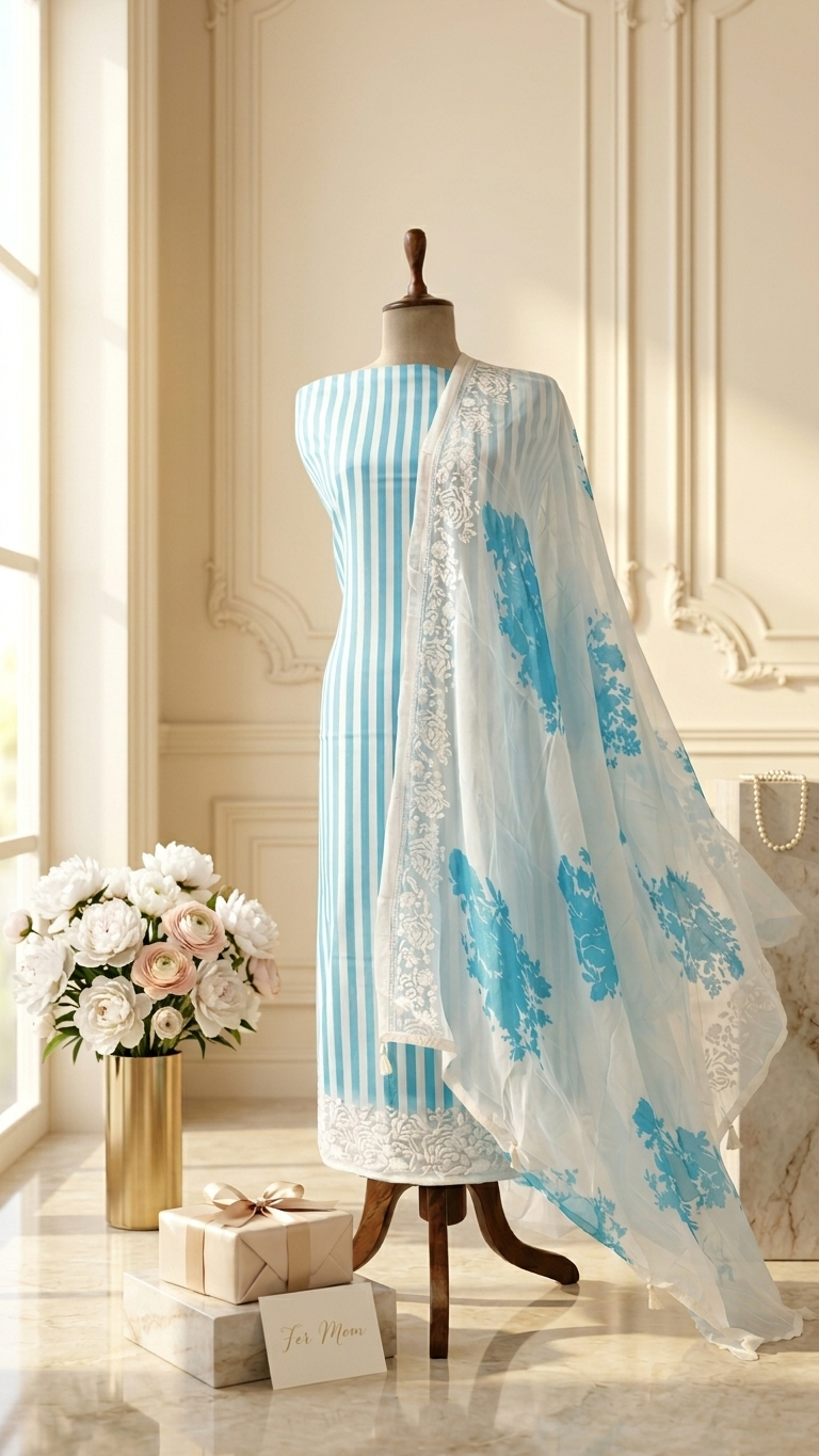 Aqua Blue Striped Embroidered Suit Set with Floral Dupatta