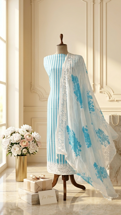 Aqua Blue Striped Embroidered Suit Set with Floral Dupatta