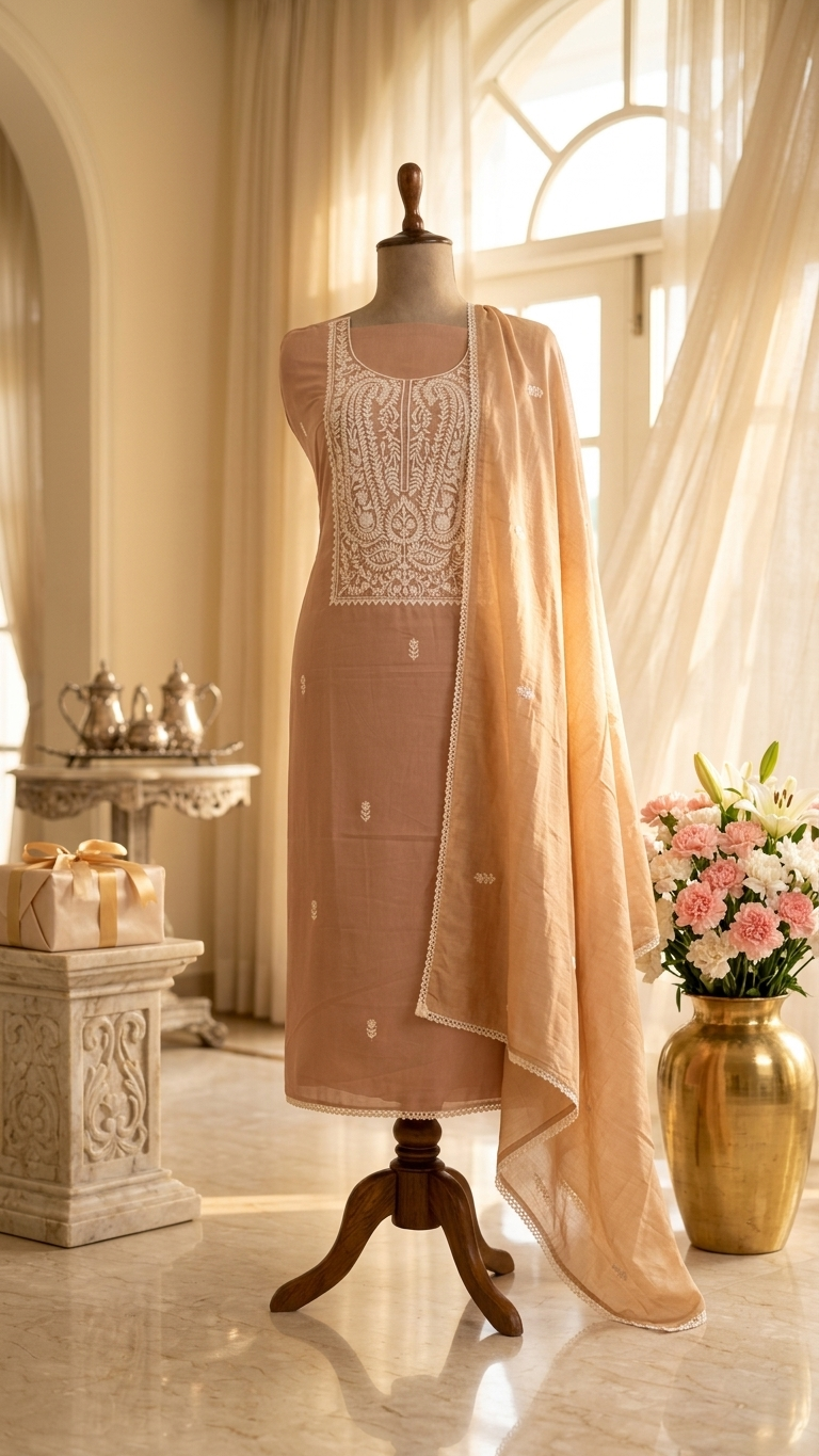 Caramel brown embroidered suit with Dupatta
