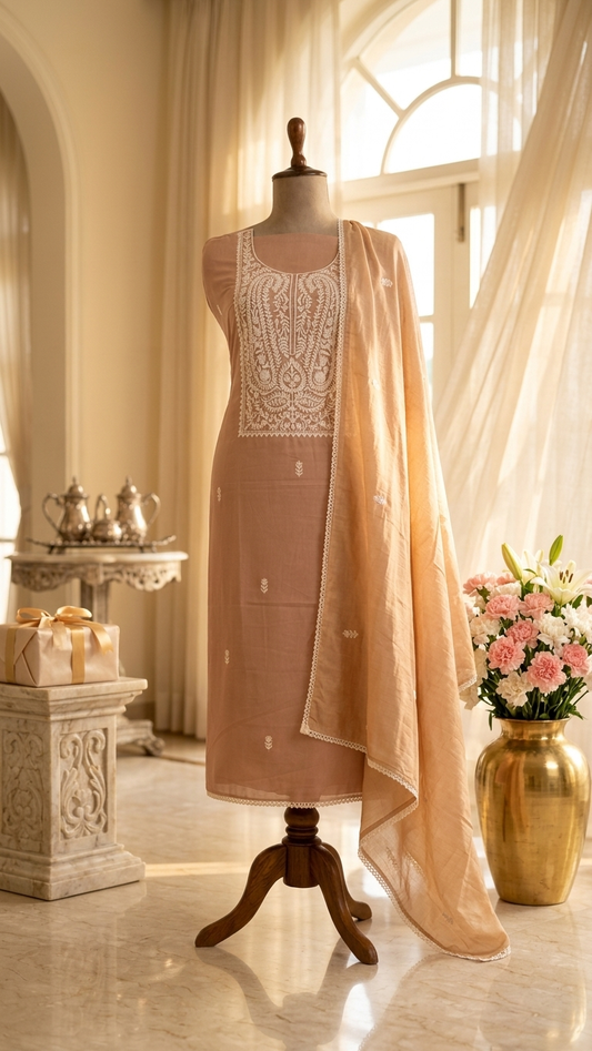 Caramel brown embroidered suit with Dupatta