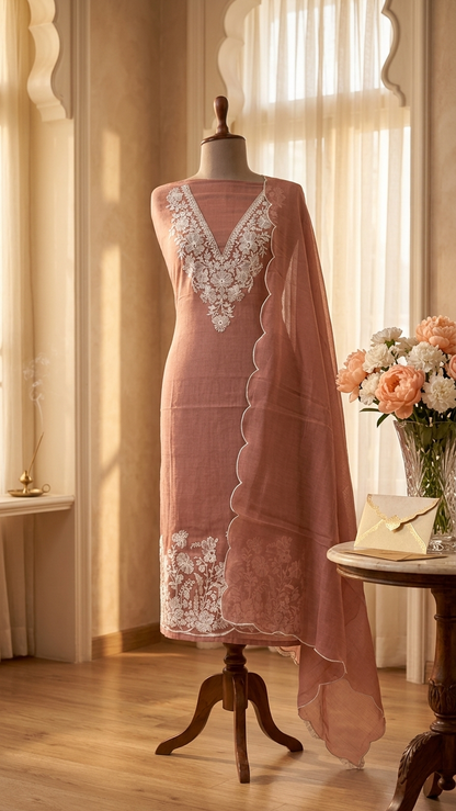 Blush Pink Suit Set with Handcrafted White Floral Embroidery & Dupatta