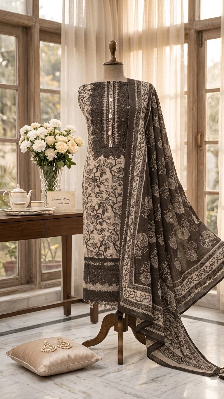 Ivory floral embroidered suit set with Lace Detailing & Dupatta