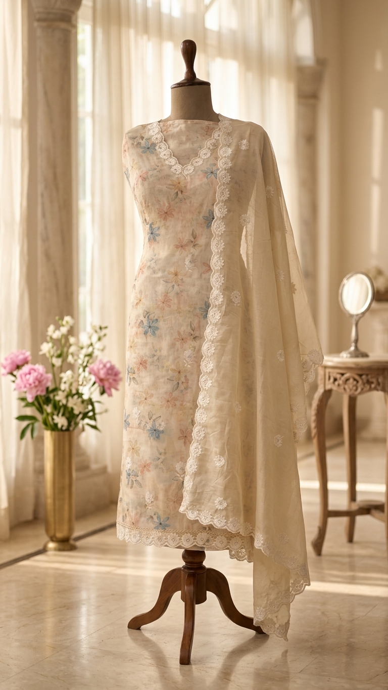 Beige floral embroidered suit set with Lace Dupatta