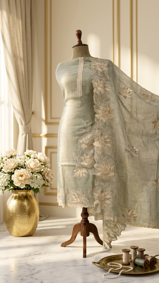 Elegant floral embroidered suit set with Dupatta