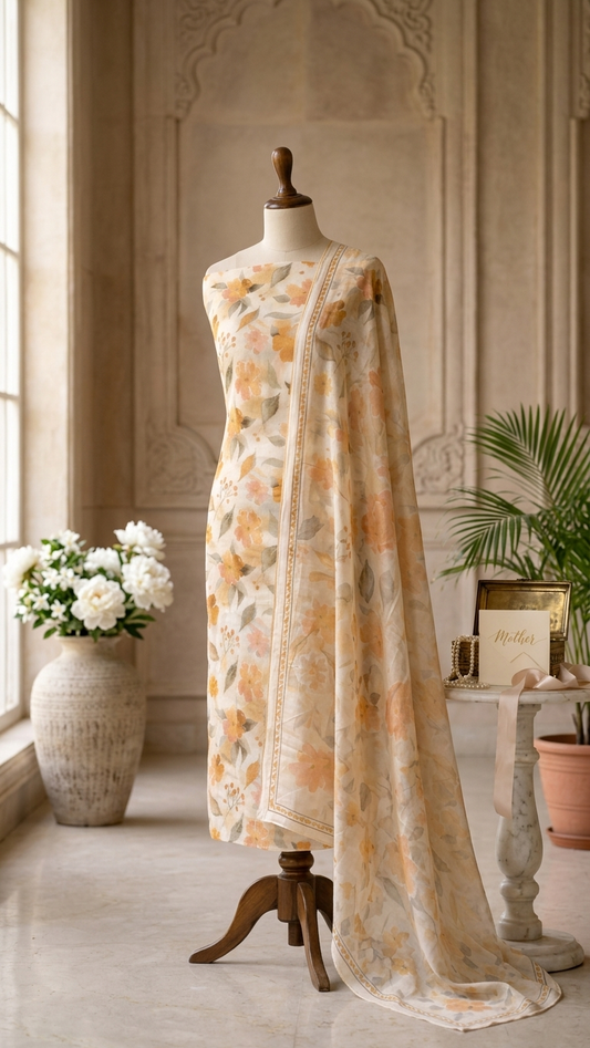 Elegant Peach Suit Set Floral Linen Silk Suit with Dupatta