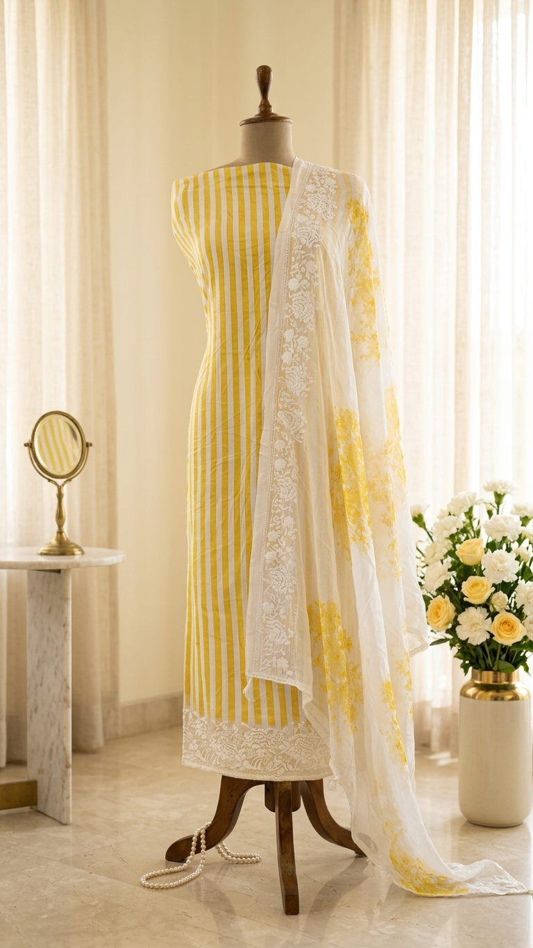 yellow striped embroidered suit set