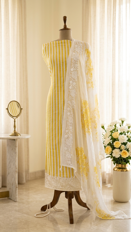 yellow striped embroidered suit set
