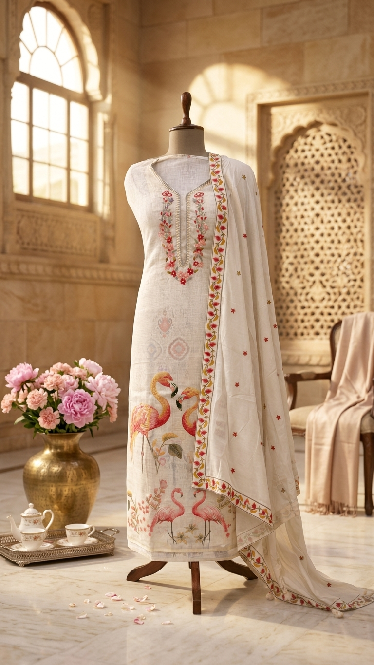 Ivory flamingo print suit set with Embroidered Neckline & Dupatta