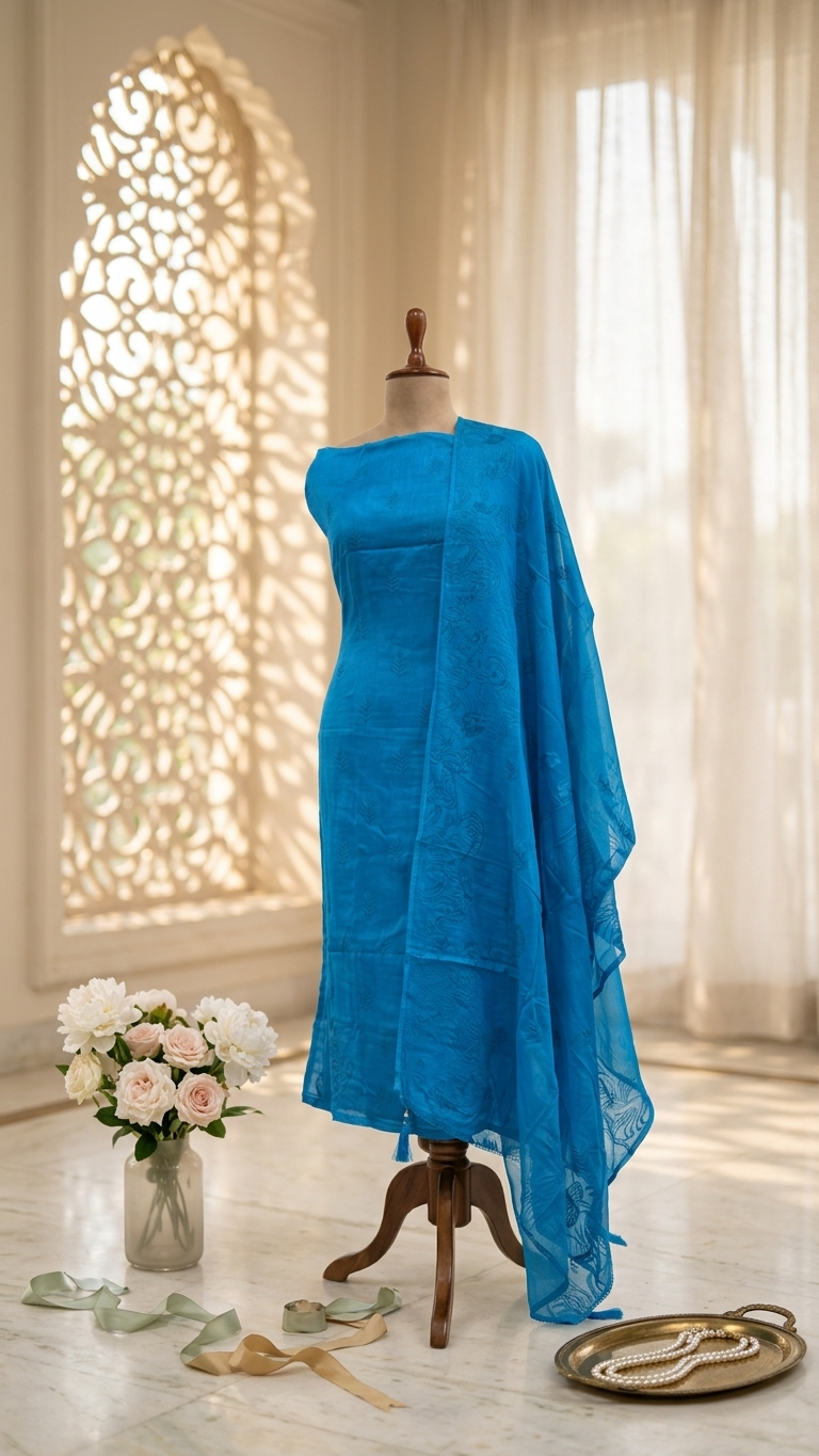 Teal Blue Suit Set with Dupatta for Women