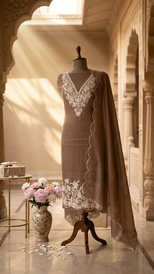 Dusty blush embroidered lawn suit with Dupatta