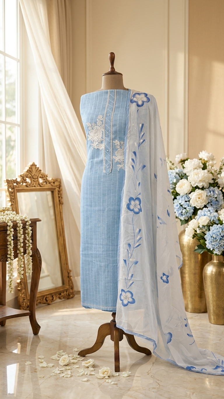 Sky blue ethnic suit set with Printed Dupatta