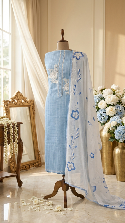 Sky blue ethnic suit set with Printed Dupatta