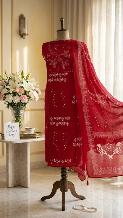 Handblock printed suit set with Folk Bird Motif & Dupatta