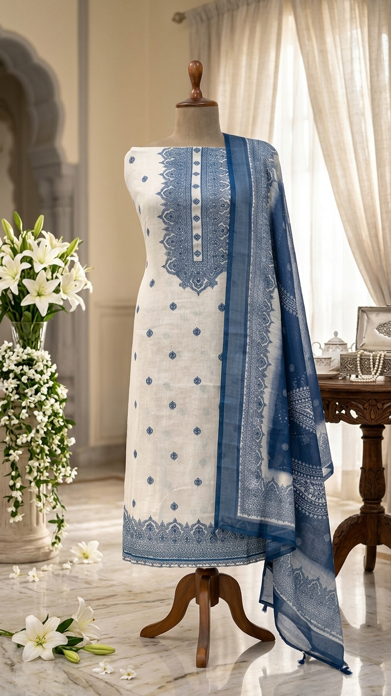 Ivory blue floral ethnic suit set with Designer Dupatta