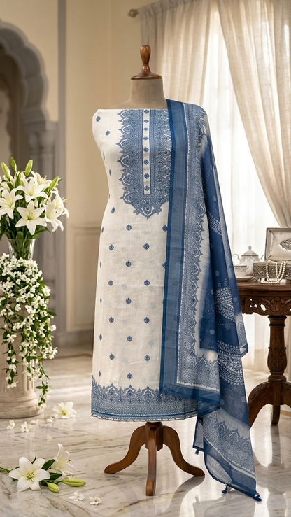 Ivory blue floral ethnic suit set with Designer Dupatta