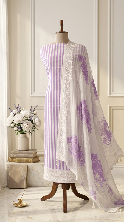 Lavender embroidered salwar suit set with Floral Dupatta