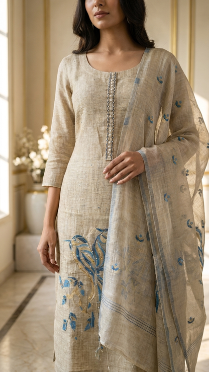 Beige handcrafted suit set with Mirror Work Neckline
