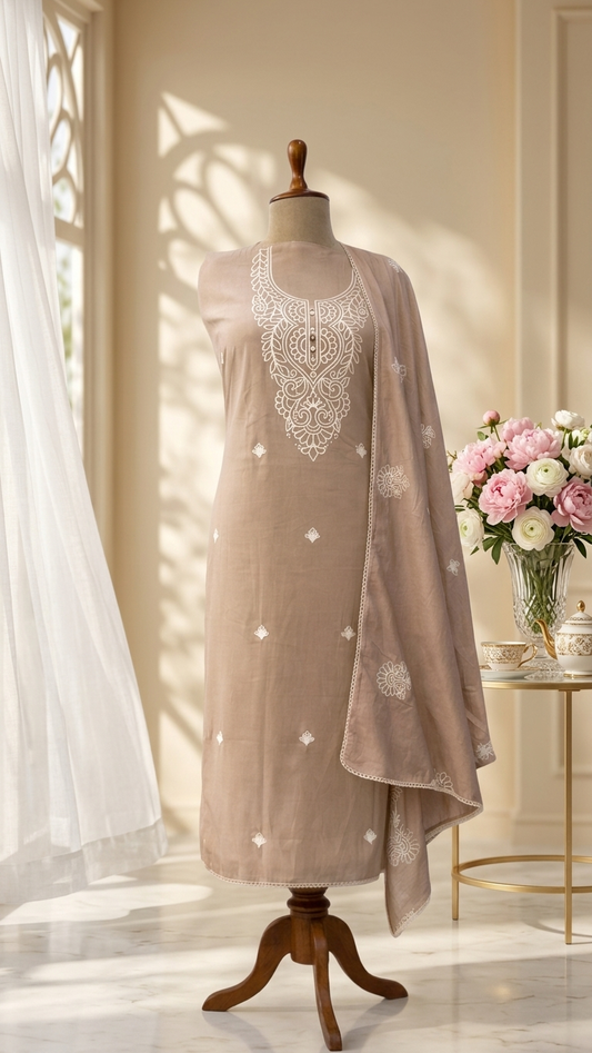 Mocha brown embroidered lawn suit with Dupatta