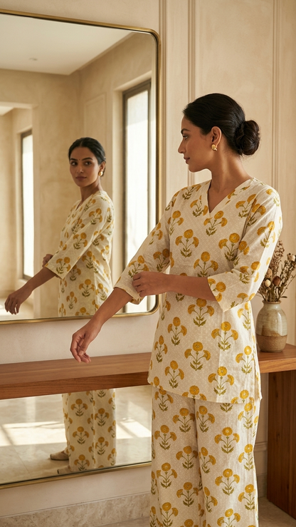 Women's Floral Cotton Co-Ord Set – Premium White Printed Kurta & Palazzo Set