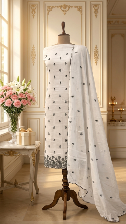 Ivory and black embroidered suit set with Scalloped Dupatta