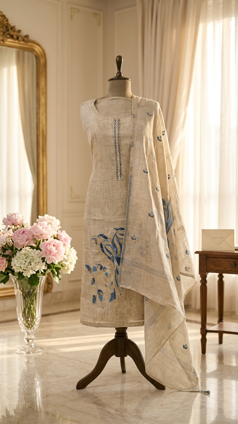 Beige handcrafted suit set with Mirror Work Neckline