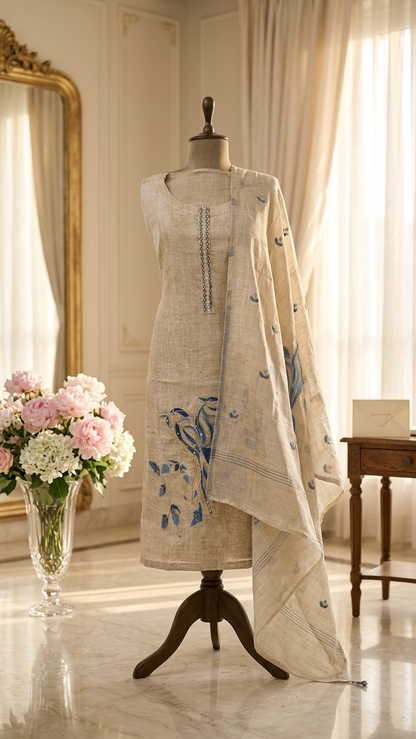 Beige handcrafted suit set with Mirror Work Neckline