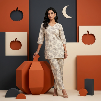 Women's Botanical Print Cotton Blend Co-Ord Set – Premium Relaxed Fit