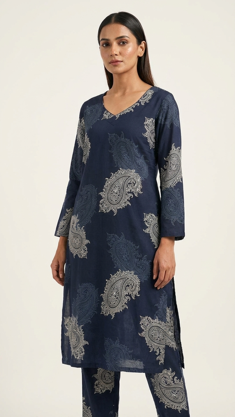 Women's Navy Blue Paisley Printed Cotton Blend Co-Ord Set