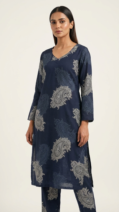 Women's Navy Blue Paisley Printed Cotton Blend Co-Ord Set