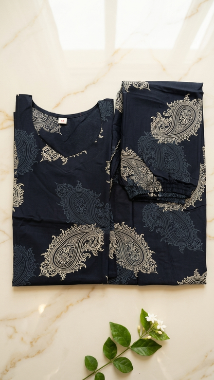 Women's Navy Blue Paisley Printed Cotton Blend Co-Ord Set