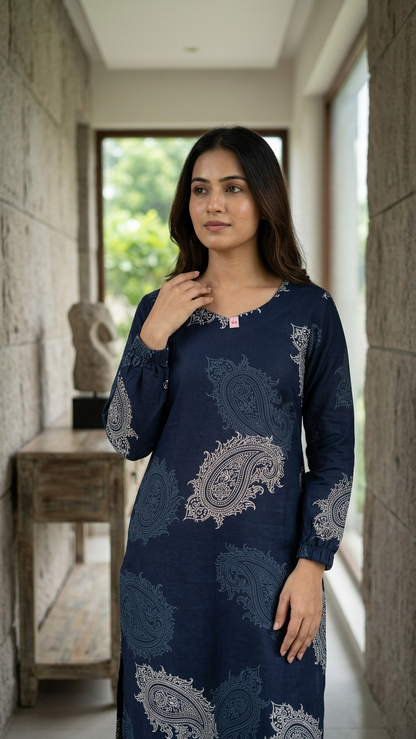 Women's Navy Blue Paisley Printed Cotton Blend Co-Ord Set