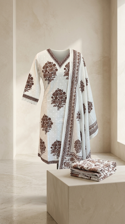 White and Brown Cotton Blend Printed Kurta Pant Dupatta Set for Women – Elegant 3 Piece Ethnic Suit
