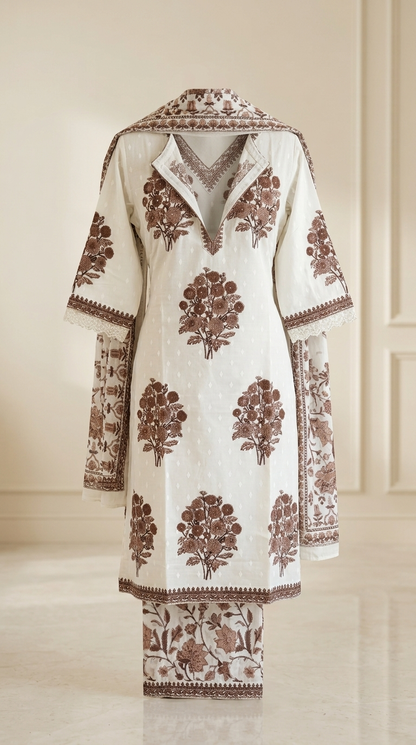 White and Brown Cotton Blend Printed Kurta Pant Dupatta Set for Women – Elegant 3 Piece Ethnic Suit
