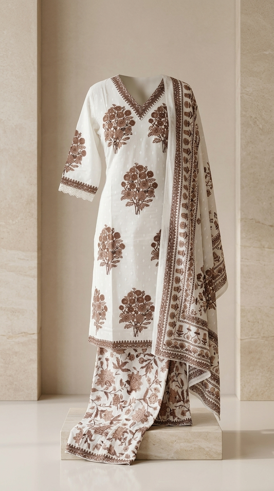 White and Brown Cotton Blend Printed Kurta Pant Dupatta Set for Women – Elegant 3 Piece Ethnic Suit